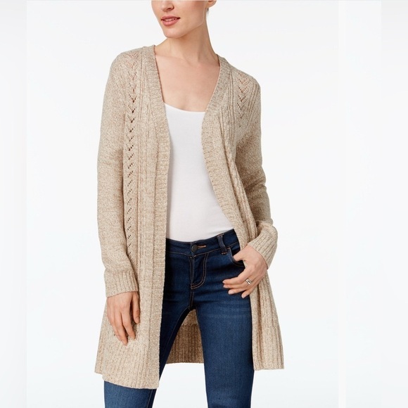 Karen Scottt Duster Cardigan M in Tan Classic Cable Knit Pre-Owned Excellent - Picture 1 of 14